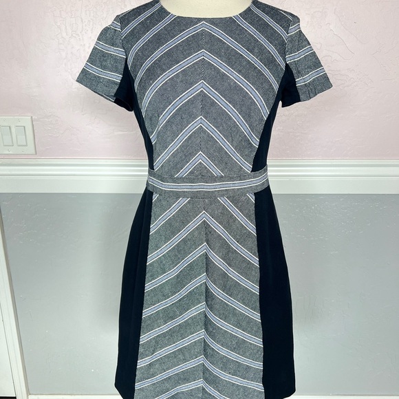 J Crew Womens Linen Striped Patchwork Back Zipped Short Sleeve Dress Blue SZ 6P - Picture 2 of 16